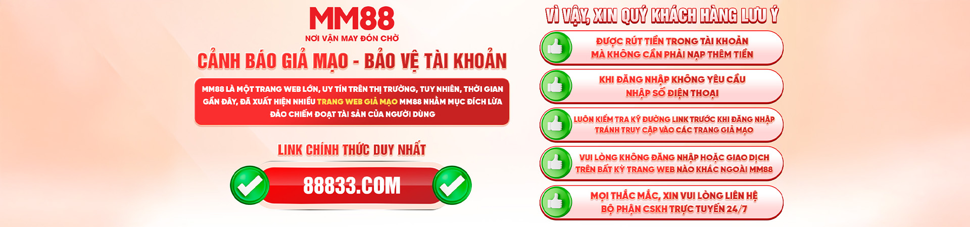 Banner cảnh báo link truy cập chính thức MM88